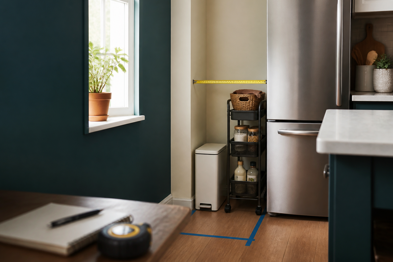 A measured narrow kitchen gap with compact storage, slim trash can, and rolling cart